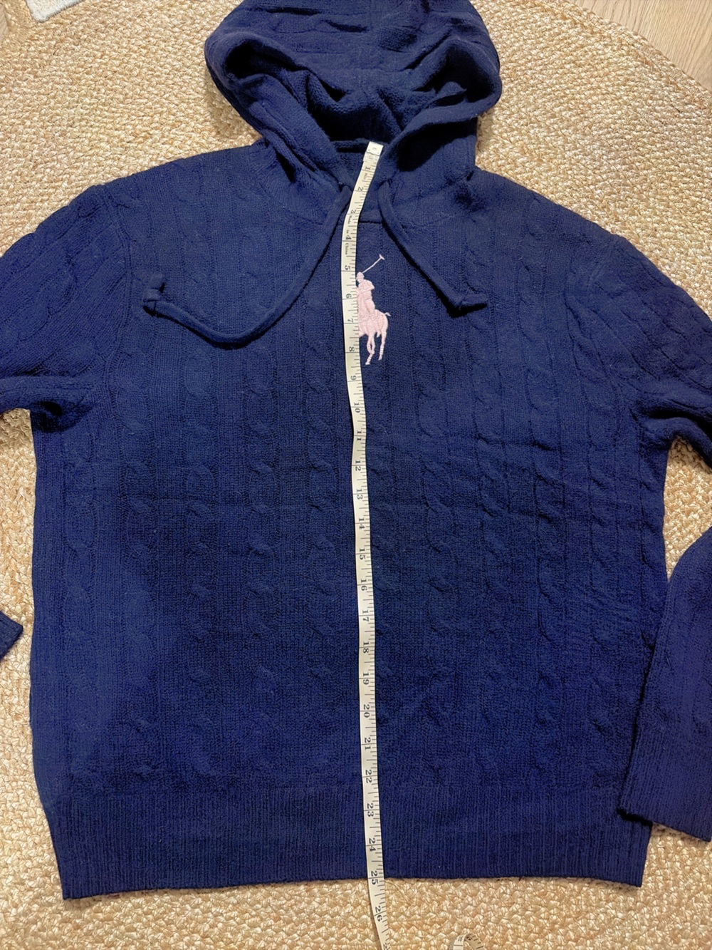 Polo by Ralph Lauren Navy Cable-Knit Hoodie with Pink Pony Logo - Picture 3 of 3